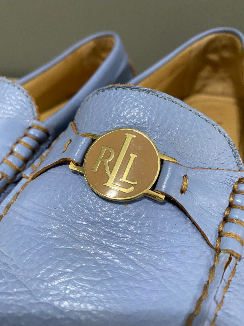 Ralph Lauren Carley Liight Blue Pebbled Leather Loafers with Gold RL Medallion - Picture 6 of 14